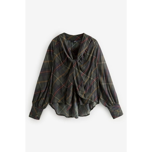 Chemisier manches longues à col cravate tartan à carreaux noir <span itemprop=