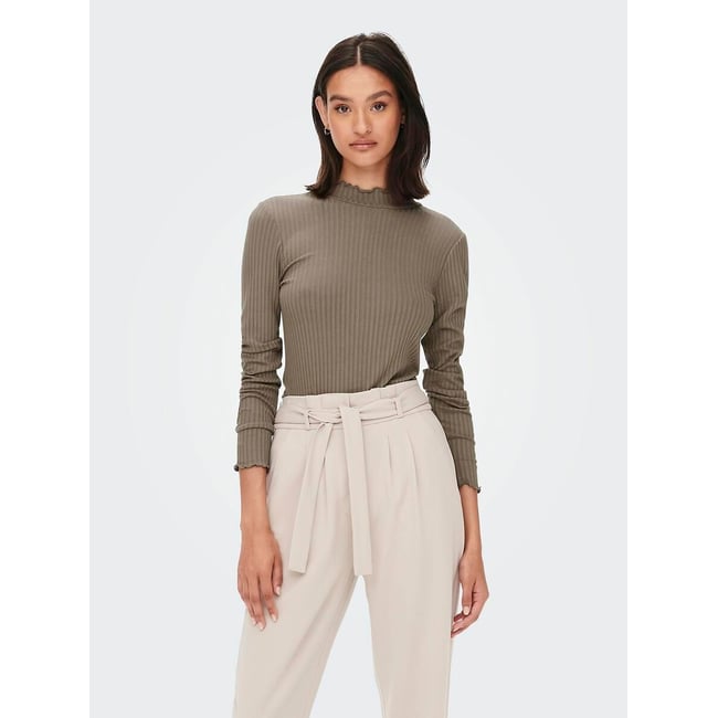 Camiseta de canalé, cuello alto beige oscuro <span itemprop=
