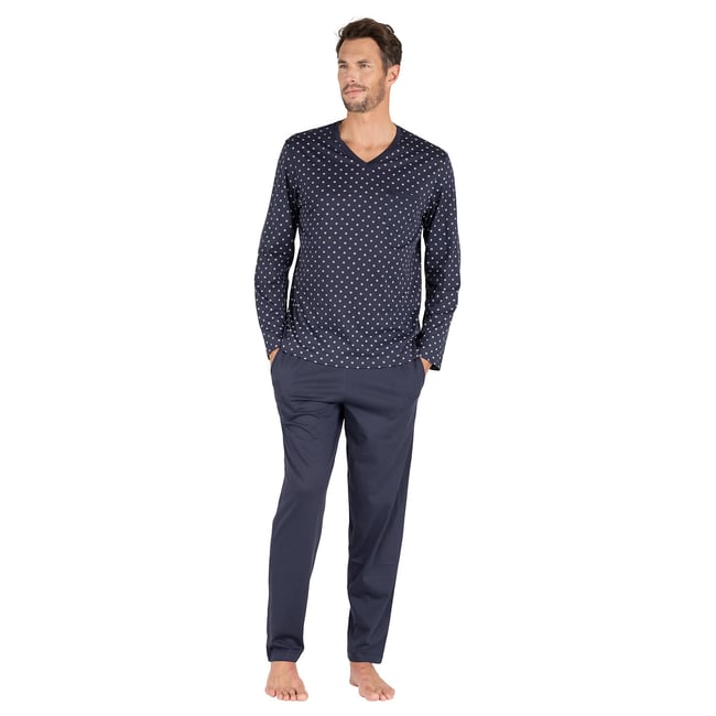 Pyjama mercerisé col V bleu marine <span itemprop=