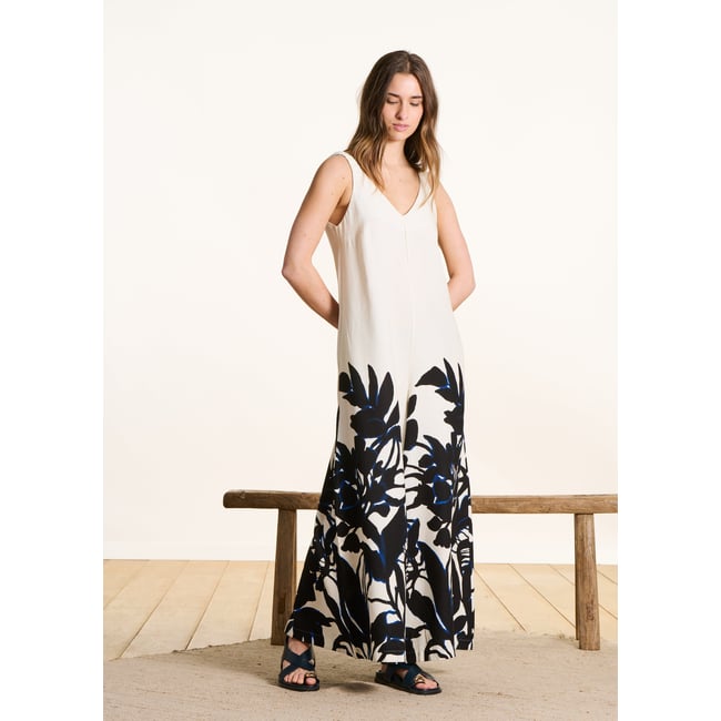 Combinaison large imprimé à bretelles ecru/noir <span itemprop=