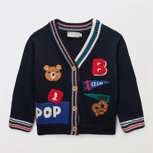 Cardigan tricot intarsia avec patchs en coton marine <span itemprop=