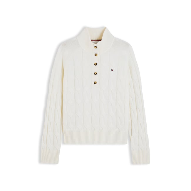 Pull torsadé à col boutonné en laine ivoire <span itemprop=