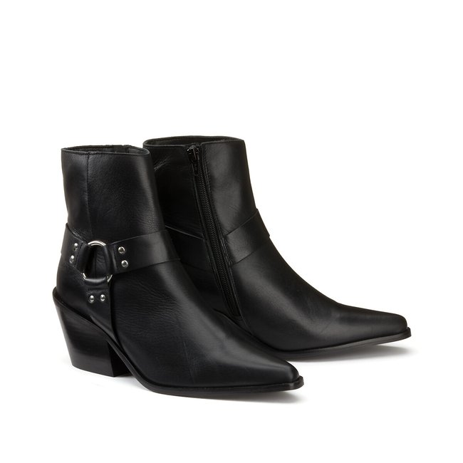 Boots motarde esprit western en cuir noir <span itemprop=