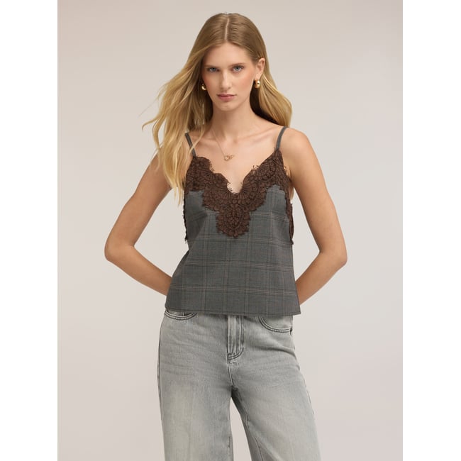 Top à carreaux avec empiècement gris <span itemprop=
