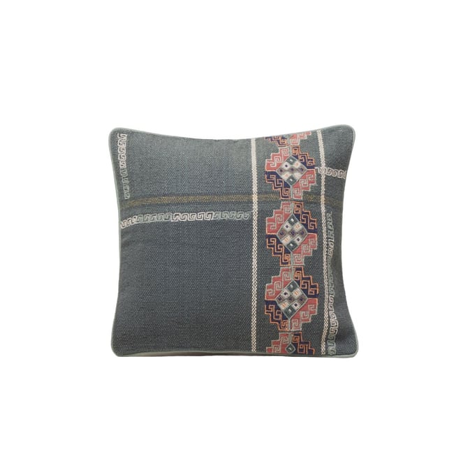 Housse De Coussin en Jacquard de coton et broderie ethnique ITZEL vert grisé et multicolore <span itemprop=