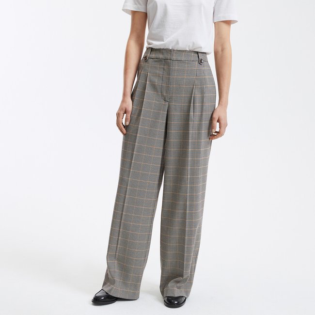 Pantalón ancho a cuadros pata de gallo cuadros marrón/beige <span itemprop=
