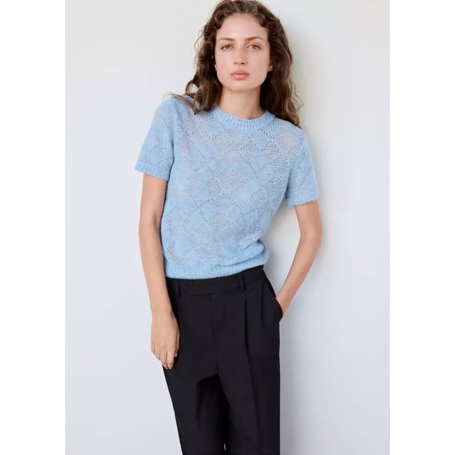 Blouse col bateau détail foulard bleu ciel <span itemprop=