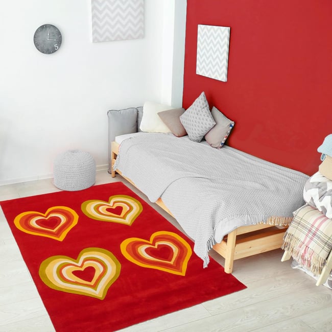 Tapis salon et chambre fait main en acrylique UNAMOURDETAPIS Couleur rouge, jaune, saumon <span itemprop=