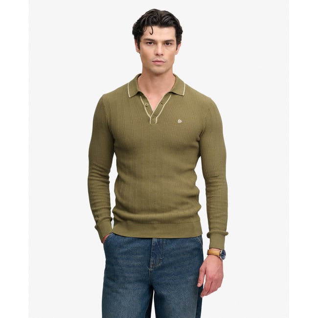 Polo Tricoté Manches Longues Coupe Décontractée vert artichaut <span itemprop=
