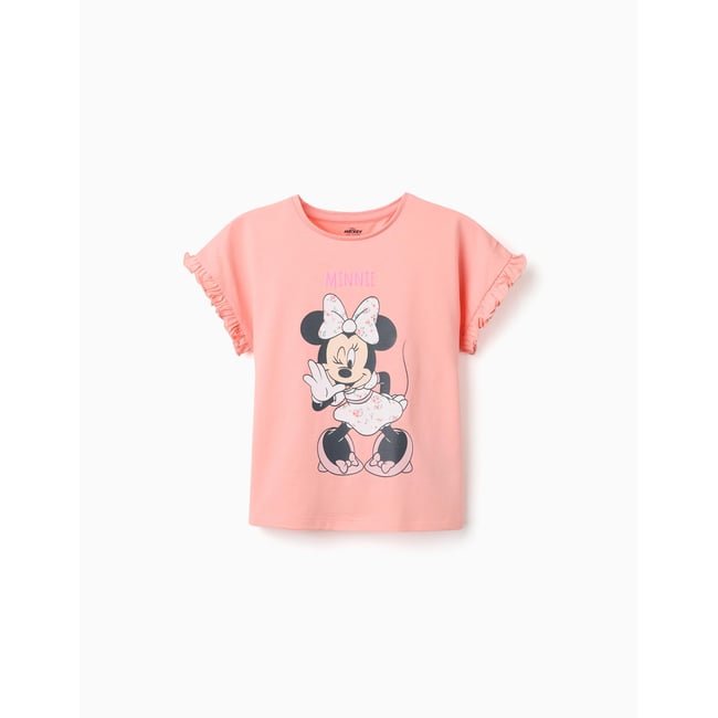 T-shirt en coton avec imprimé Minnie et volants saumon <span itemprop=