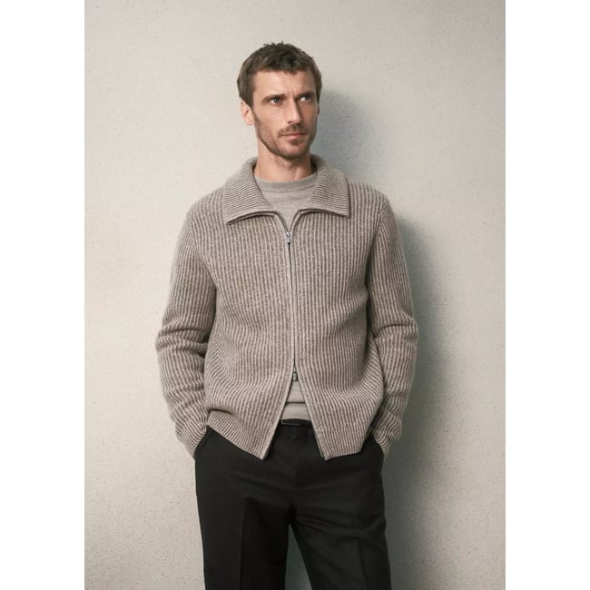 Cardigan en laine côtelée avec fermeture éclair beige <span itemprop=