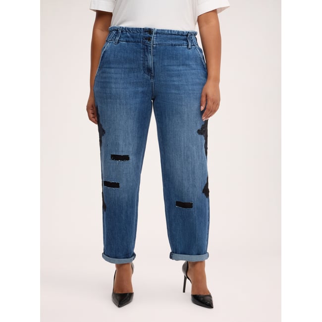 Jean balloon avec dentelle et déchirures bleu <span itemprop=