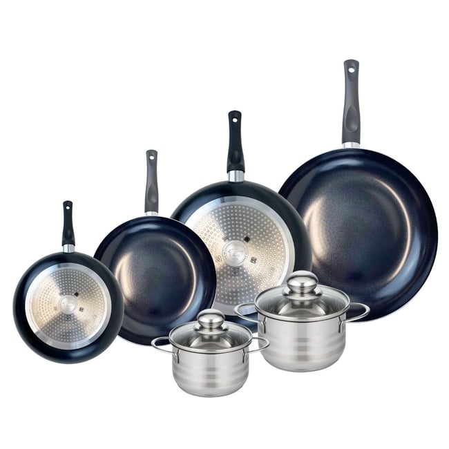 4 poêles 20/24/28/32cm + 2 faitouts 14/16cm PRIMA BRILLANT noir <span itemprop=