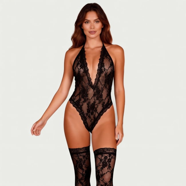 Body col V dentelle et bas OhYeah noir <span itemprop=
