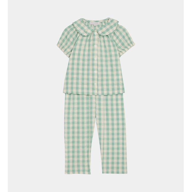 Ensemble Chemisette Pantalon Aflou Bis Vichy Coton Bio écru et vert <span itemprop=