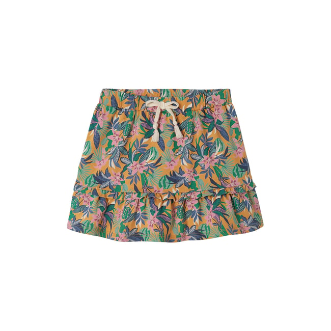 Jupe à volant motifs exotiques moutarde <span itemprop=