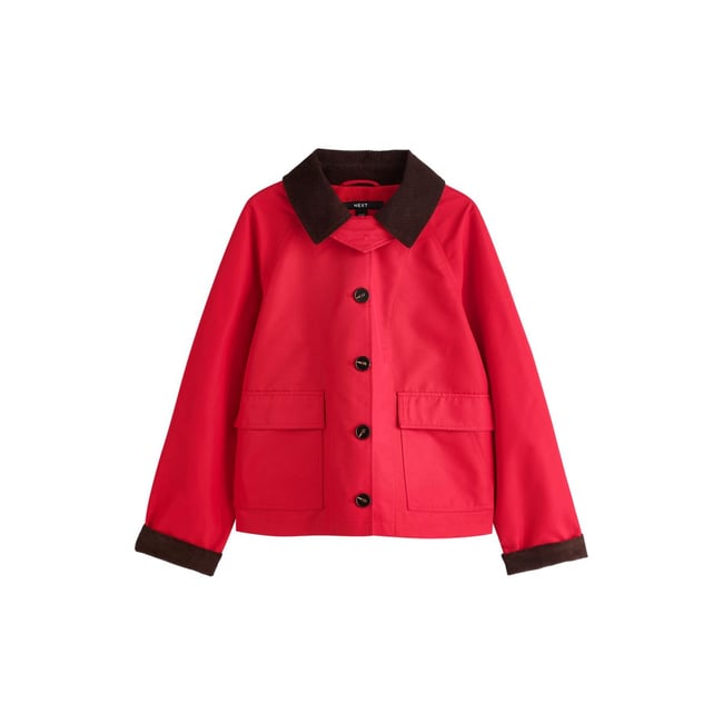 Trench court avec col en velours côtelé rouge <span itemprop=