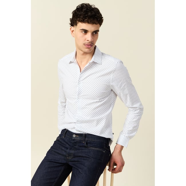 Chemise cintrée en coton manches longues blanc casse <span itemprop=