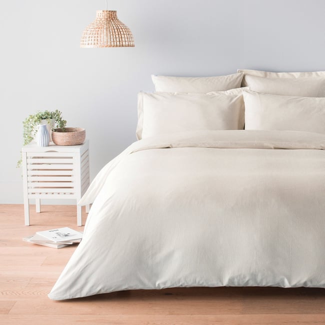 Housse de couette Oxford coton tissé teint 120 fils - 300tc BIARRITZ blanc | beige <span itemprop=