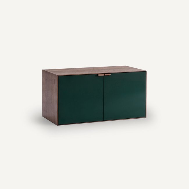 Aldon Walnut Veneer Unit with 2 Lacquered Doors, dark cedar green, AM.PM