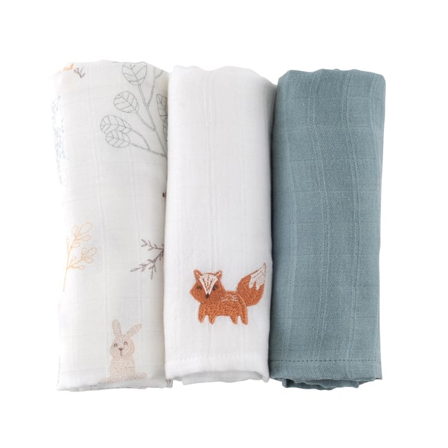 Lot de 3 langes coton bio DREAM FOREST multicolore <span itemprop=
