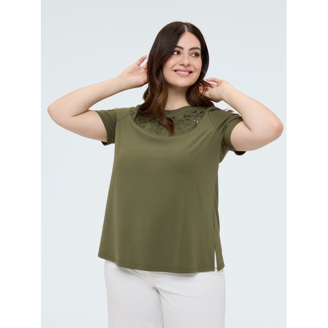 T-shirt avec dentelle et clous verde militare <span itemprop=