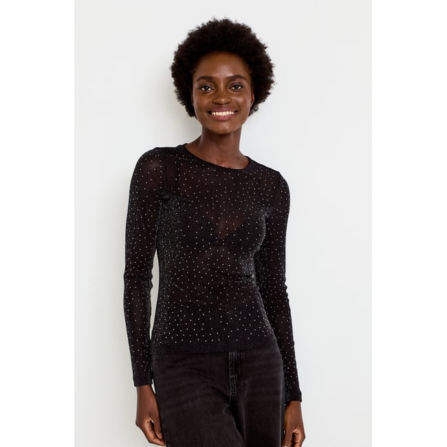 T-shirt ajusté col rond manches longues noir <span itemprop=