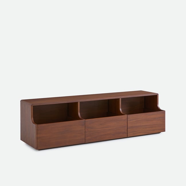 Meuble TV, 3 tiroirs, en plaqué noyer, largeur 150 cm, MAX Couleur noyer <span itemprop=