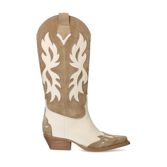 Santiags en daim avec surpiqûres décoratives beige <span itemprop=