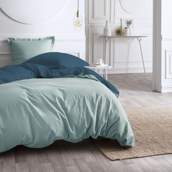 Parure de lit 2 personnes bicolore coton PRESTIGE bleu <span itemprop=