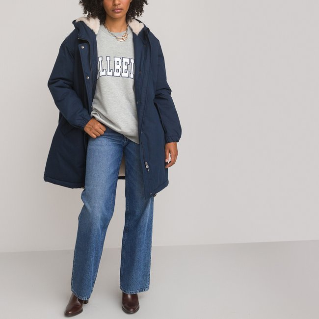 Hooded mid length parka in cotton mix La Redoute Collections La Redoute