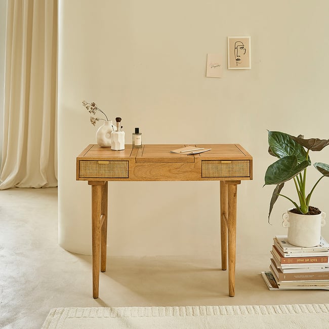 Bureau en bois de manguier et cannage 90 cm  FELICIE Couleur naturel <span itemprop=