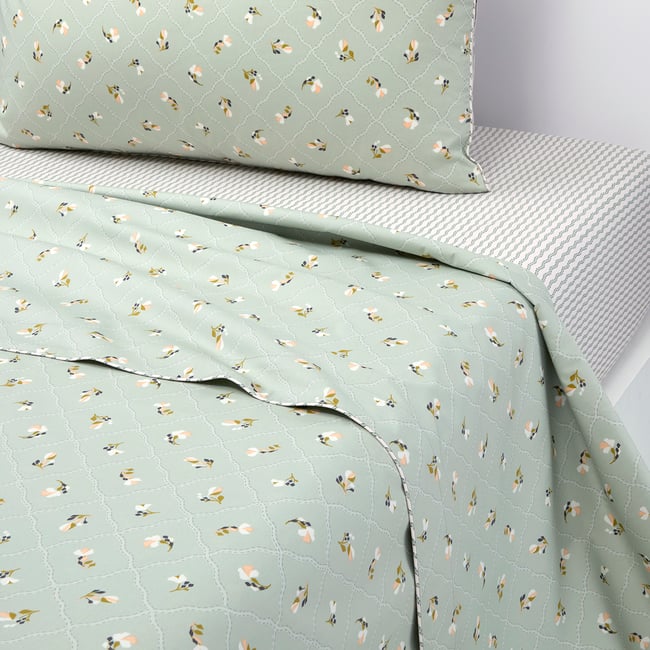 Drap plat en percale de coton vert, BERGAMOTE multicolore <span itemprop=