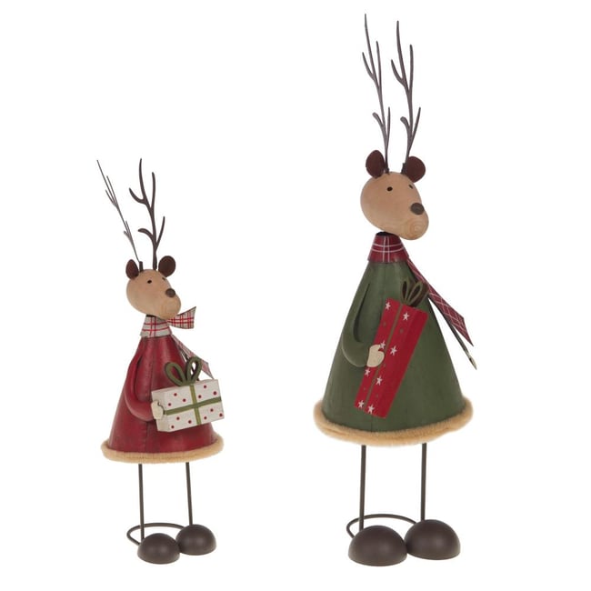 Set de 2 rennes de Noël à poser 22 cm en métal   et rouge Couleur vert <span itemprop=