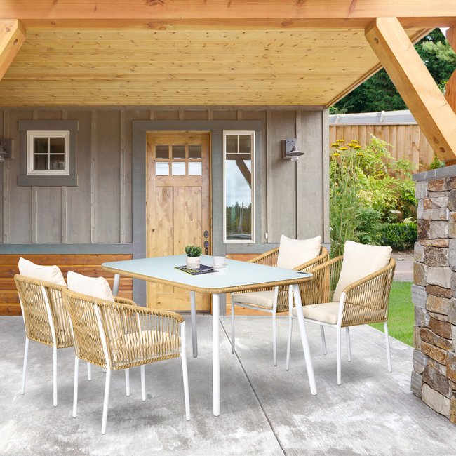 Salon de jardin 4 places 5 pcs table à manger chaises empilables blanc <span itemprop=