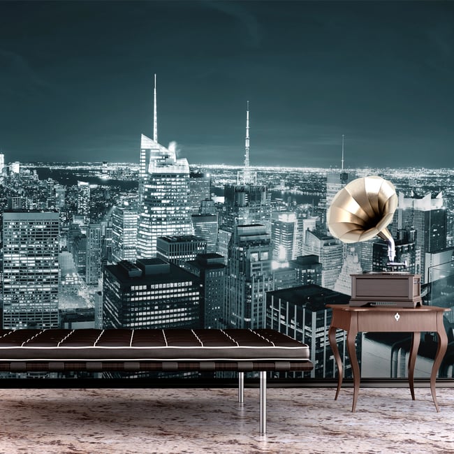 Papier peint intissé panoramique Ville et Architecture Vie nocturne à New York Couleur bleu <span itemprop=