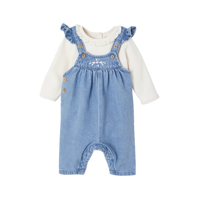 Ensemble 2 pièces naissance salopette en denim + body stone <span itemprop=