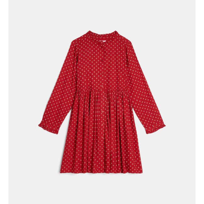 Robe trapèze tamalte à motif floral rouge et écru <span itemprop=