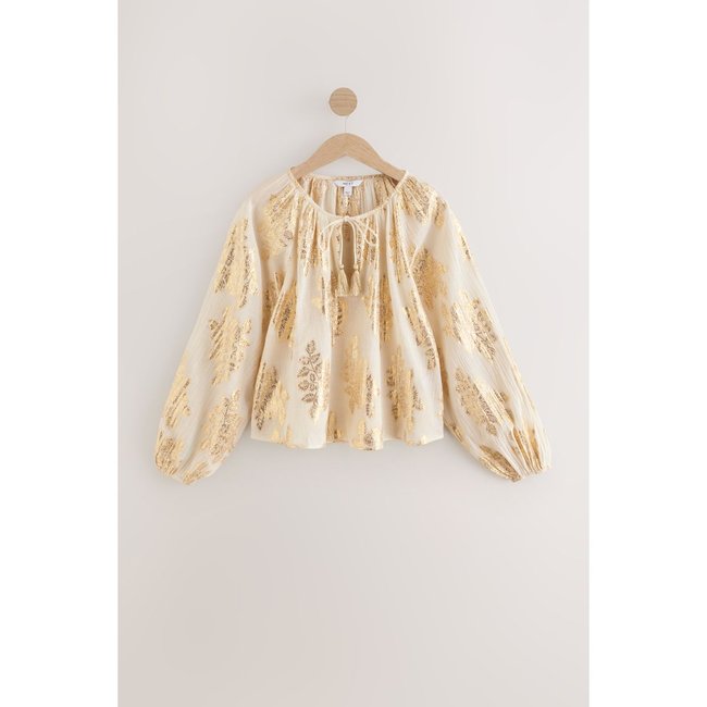 Chemisier manches longues volumineuses imprimé floral métallisé or <span itemprop=