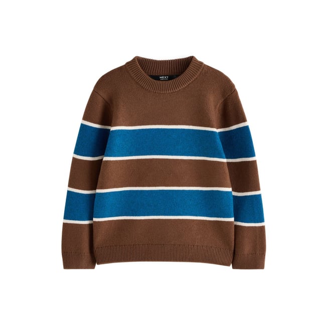 Pull ras du cou en maille à rayures bleu/marron <span itemprop=