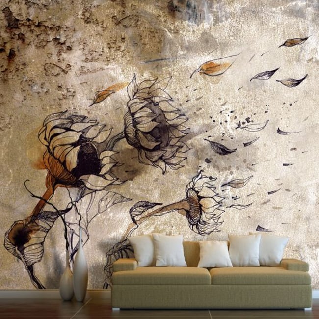 Papier peint intissé panoramique Fleurs Breath of wind Couleur beige <span itemprop=