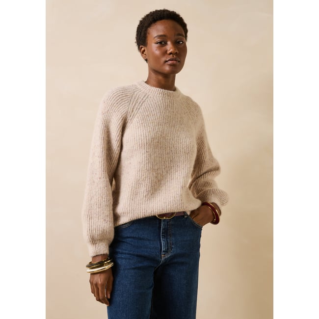 Pull manches longues col rond greige chine <span itemprop=