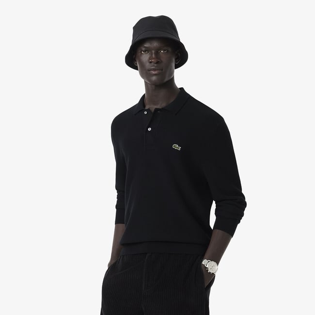 Cotton Garter Stitch Polo Jumper, black, LACOSTE