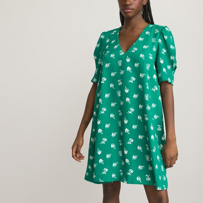 Recycled floral mini dress with v neck and short puff sleeves green floral print La Redoute Collections La Redoute