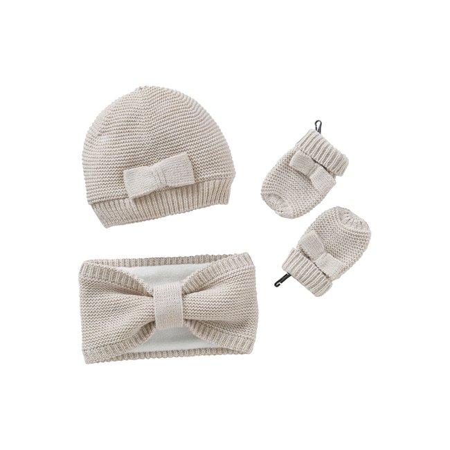 Ensemble  bonnet + snood + moufles noeuds écru <span itemprop=