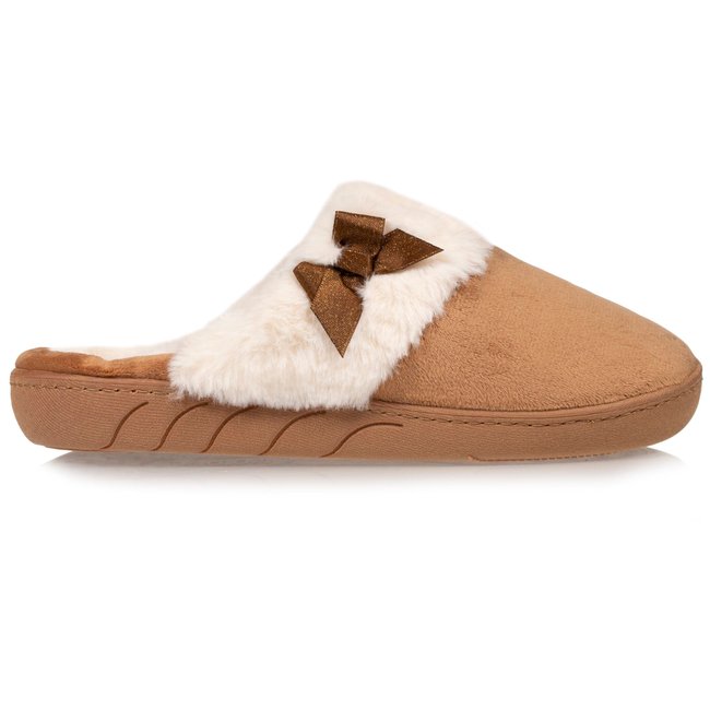 Chaussons Mules en microvelours avec un petit noeuf satiné brun <span itemprop=