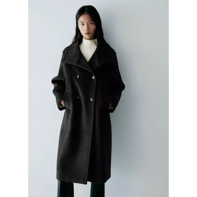 Manteau en mélange de laine à col cheminée gris chiné foncé <span itemprop=