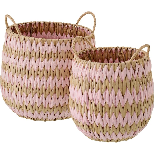 Set de 2 paniers tressés avec anses Couleur naturel et rose clair <span itemprop=