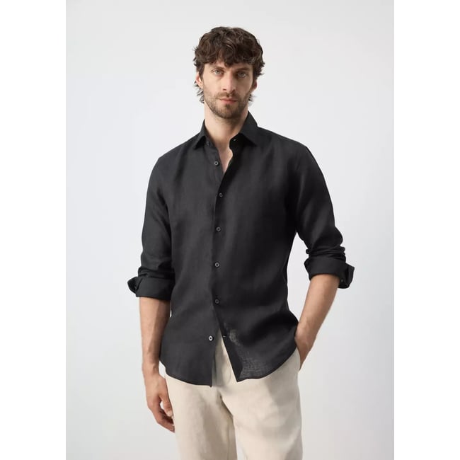 Chemise slim-fit 100 % lin noir <span itemprop=
