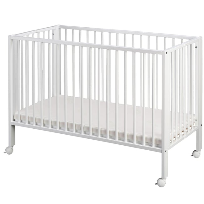 Lit pour enfant à barreaux pliable 60x120 cm avec matelas, Bois naturel blanc <span itemprop=